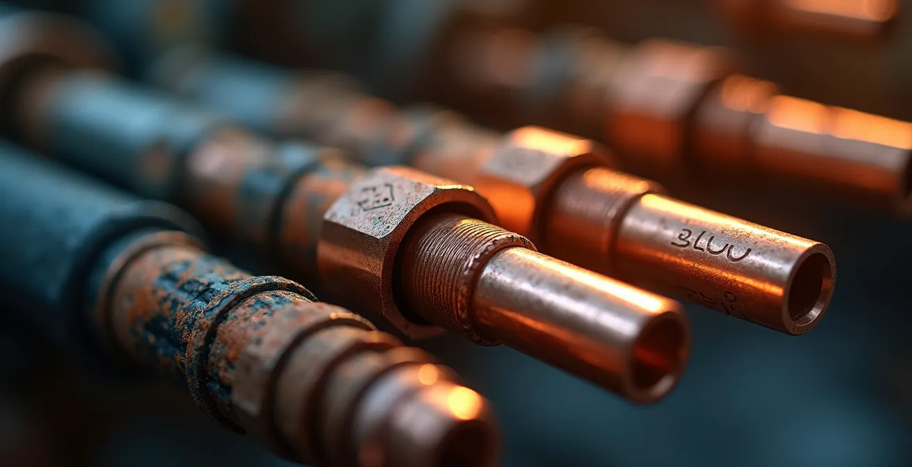 Détail macro de connexions électriques cuivrées industrielles