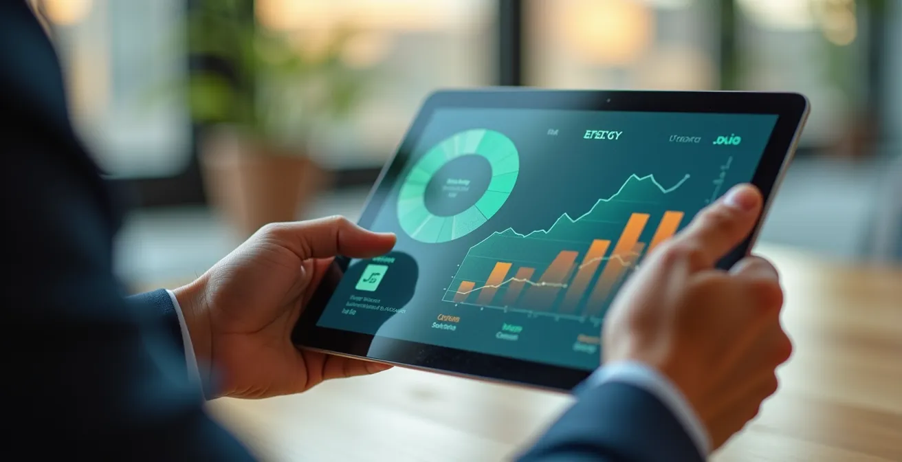 Gros plan sur des mains tenant une tablette affichant des graphiques énergétiques abstraits