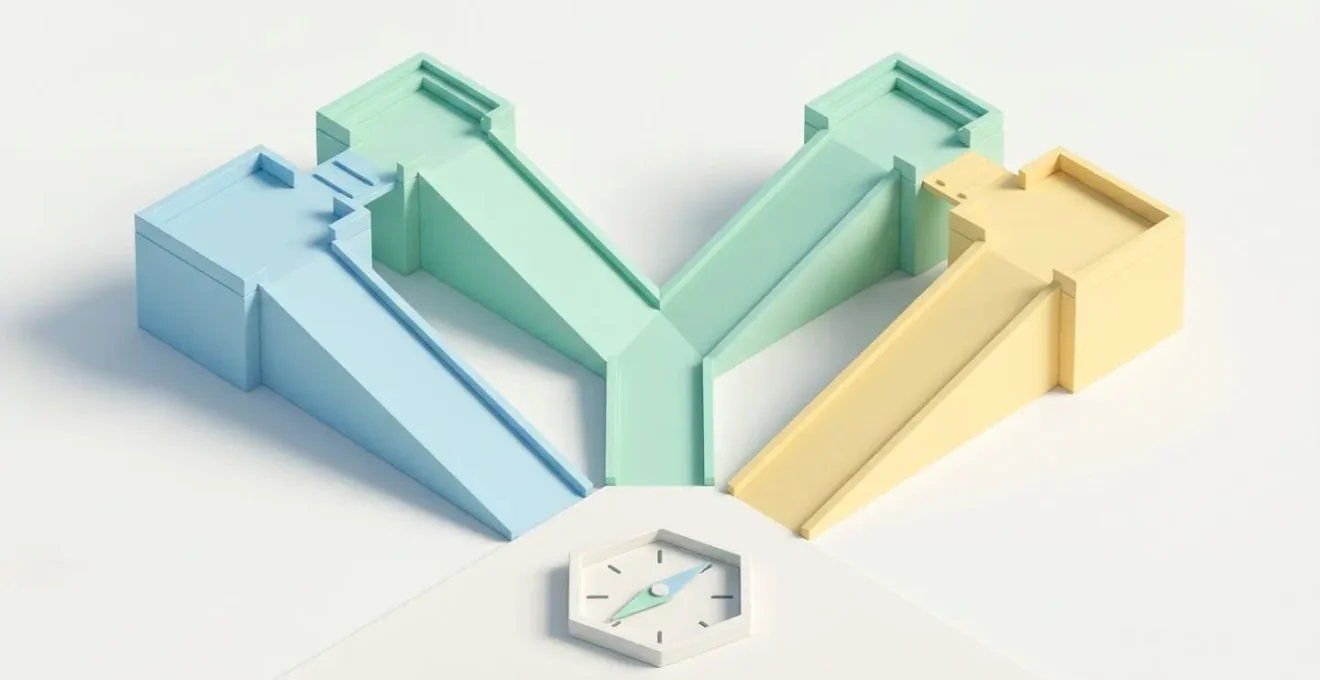 Illustration 3D isométrique représentant une bifurcation architecturale avec trois chemins colorés (bleu, vert, jaune) partant d'un point commun vers des plateformes distinctes, avec une boussole hexagonale au premier plan
