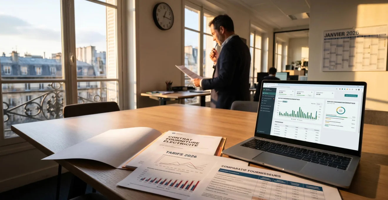 Bureau d'entreprise moderne avec documents de contrats d'électricité et graphiques tarifaires étalés sur une table, dirigeant analysant les options face à la réforme 2026