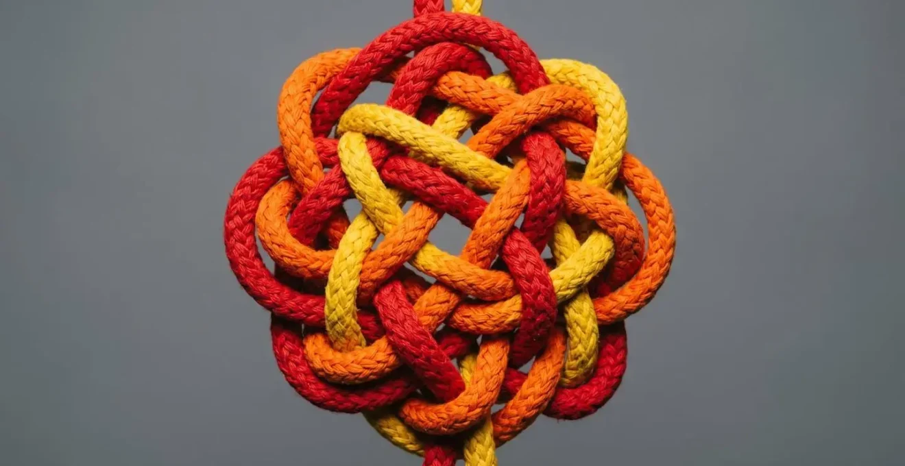 Cordes de couleurs vives (rouge, orange, jaune) nouées en un enchevêtrement complexe formant un nœud gordien sur fond gris neutre, éclairage frontal dur créant ombres nettes