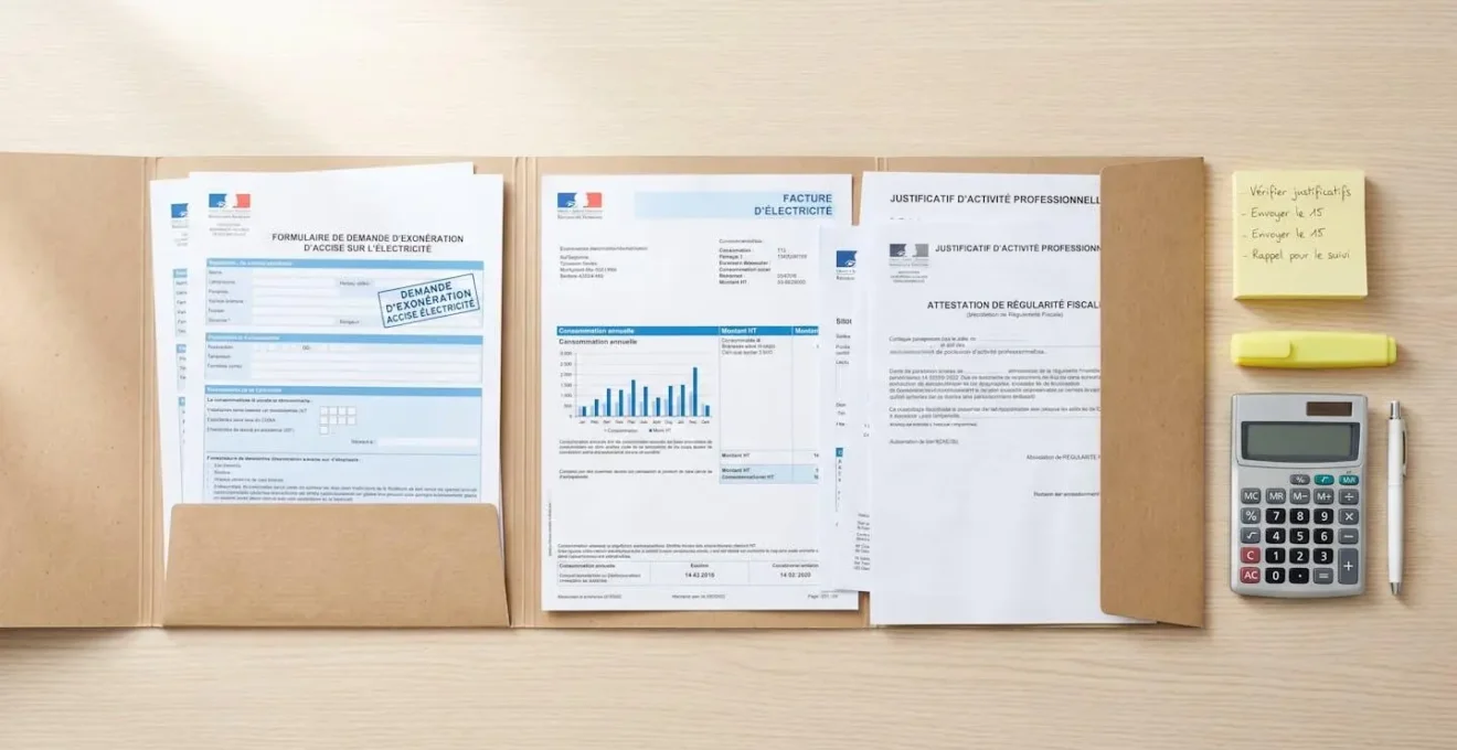 Dossier administratif ouvert avec formulaires de demande d'exonération d'accise sur l'électricité, factures et justificatifs, illustrant le processus d'optimisation fiscale