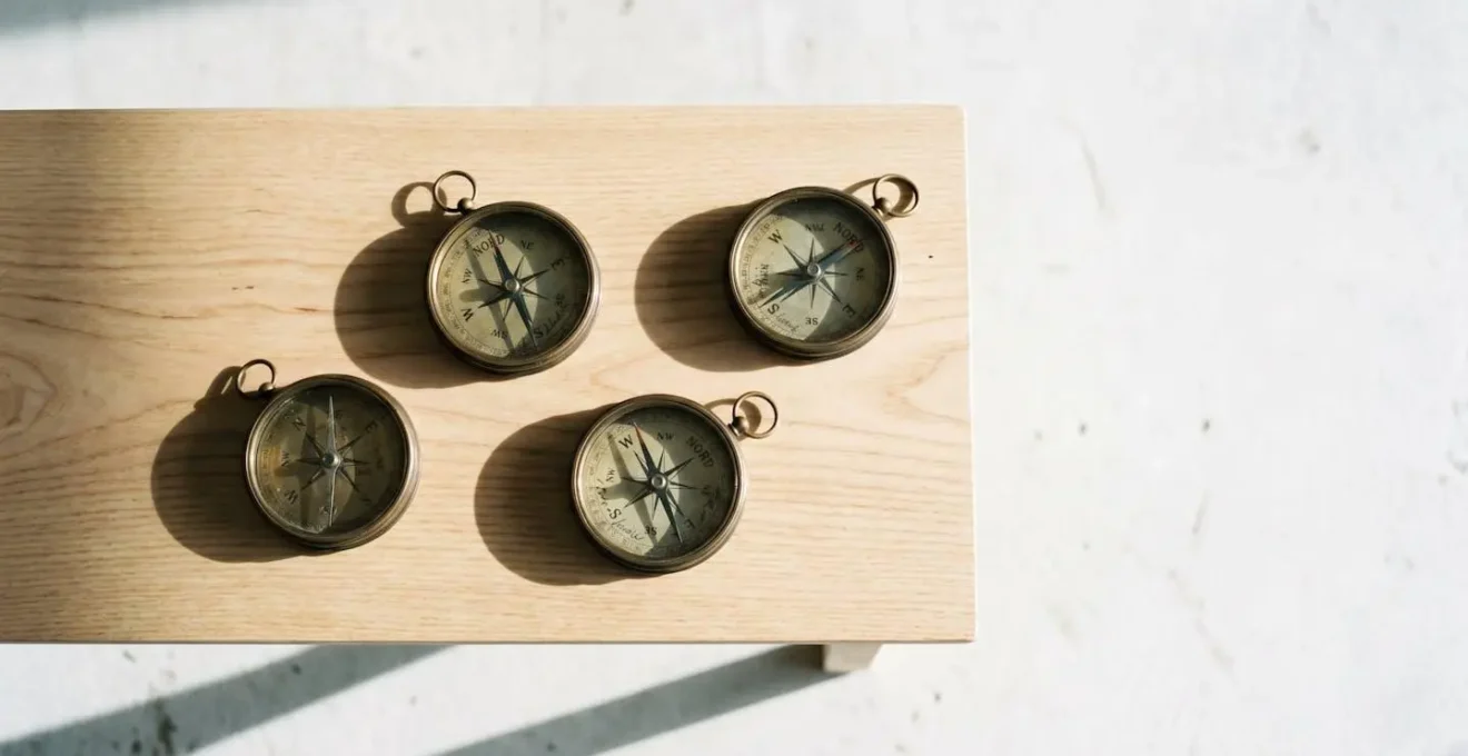 Quatre boussoles vintage en laiton disposées sur une surface en bois clair dans une composition asymétrique, éclairées par une lumière naturelle rasante créant des ombres graphiques