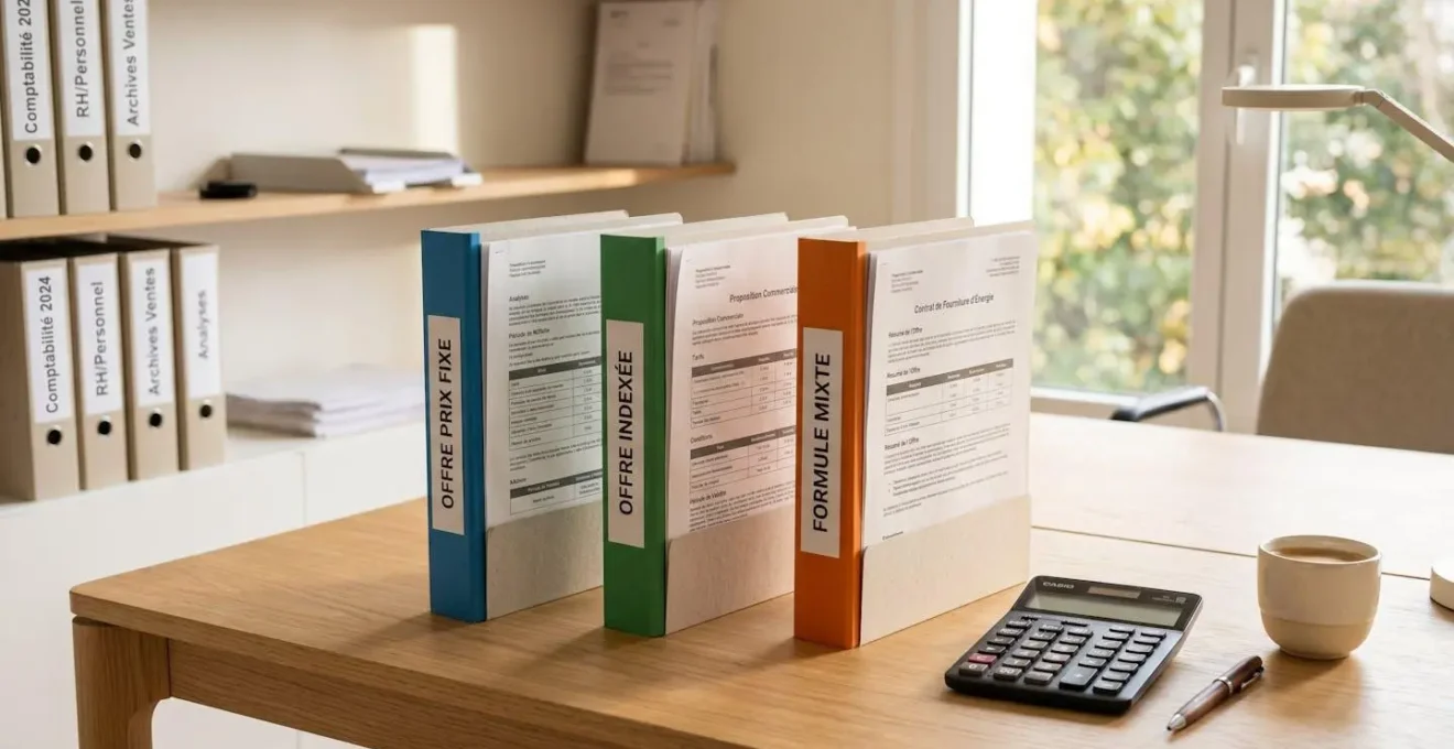 Trois dossiers de propositions commerciales de fournisseurs d'électricité (prix fixe, indexé, mixte) disposés sur un bureau avec calculatrice, illustrant l'arbitrage entre types d'offres