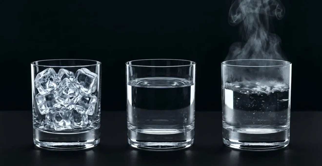 Trois verres en cristal alignés sur fond noir contenant glace cristalline, eau ondulante et eau bouillante avec vapeur, éclairés dramatiquement en clair-obscur