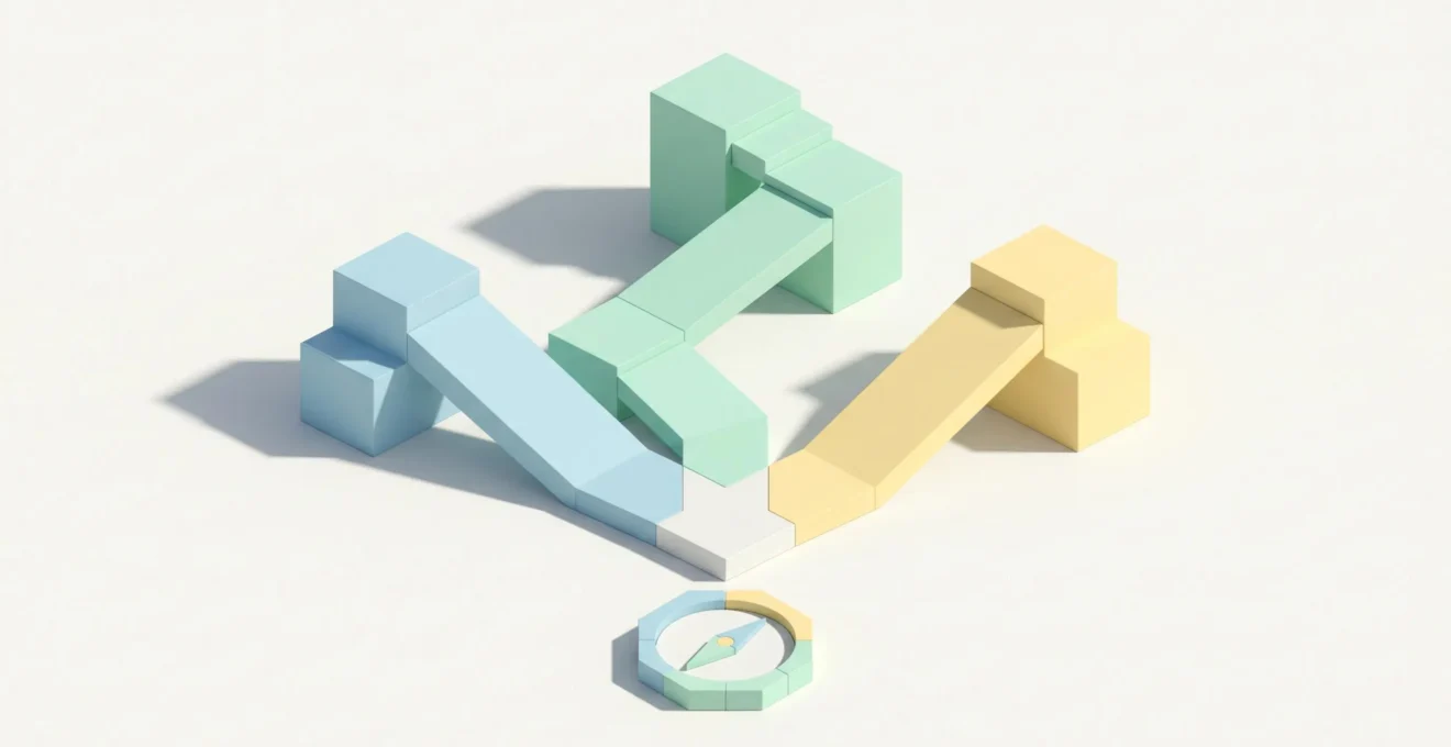Illustration 3D isométrique représentant une bifurcation architecturale avec trois chemins colorés (bleu, vert, jaune) partant d'un point commun vers des plateformes distinctes, avec une boussole hexagonale au premier plan