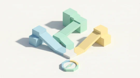 Illustration 3D isométrique représentant une bifurcation architecturale avec trois chemins colorés (bleu, vert, jaune) partant d'un point commun vers des plateformes distinctes, avec une boussole hexagonale au premier plan
