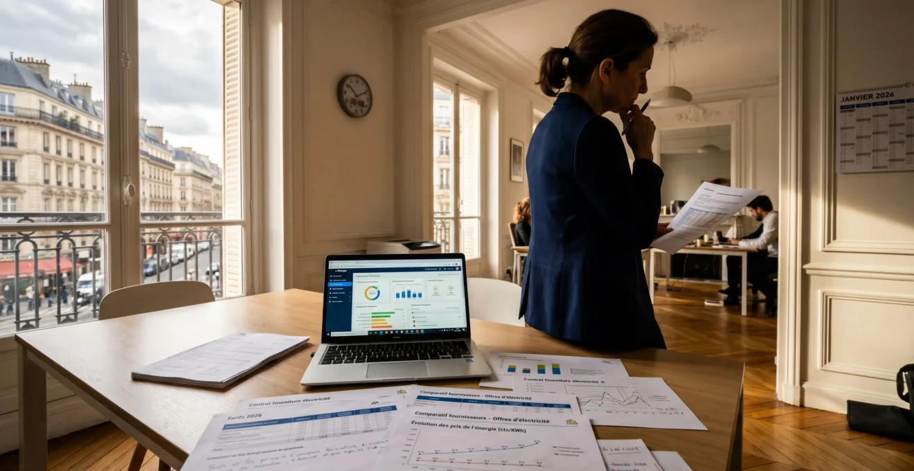 Bureau d'entreprise moderne avec documents de contrats d'électricité et graphiques tarifaires étalés sur une table, dirigeant analysant les options face à la réforme 2026
