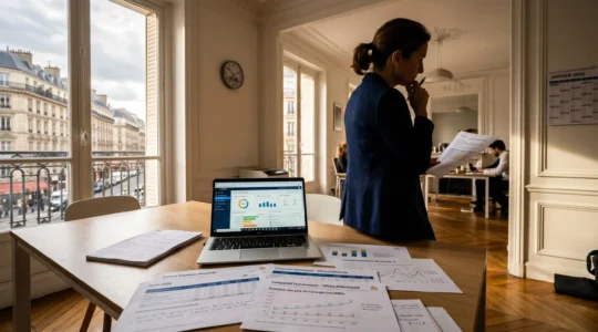 Bureau d'entreprise moderne avec documents de contrats d'électricité et graphiques tarifaires étalés sur une table, dirigeant analysant les options face à la réforme 2026