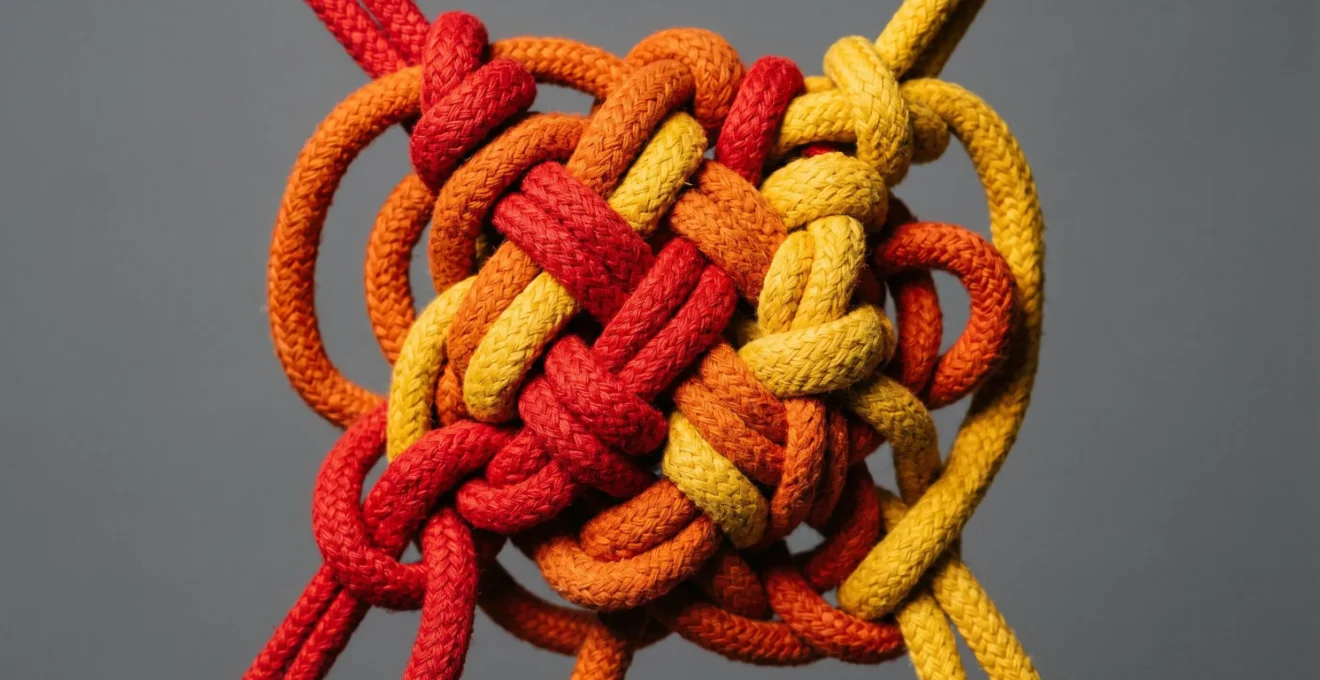 Cordes de couleurs vives (rouge, orange, jaune) nouées en un enchevêtrement complexe formant un nœud gordien sur fond gris neutre, éclairage frontal dur créant ombres nettes