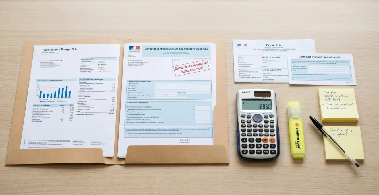 Dossier administratif ouvert avec formulaires de demande d'exonération d'accise sur l'électricité, factures et justificatifs, illustrant le processus d'optimisation fiscale