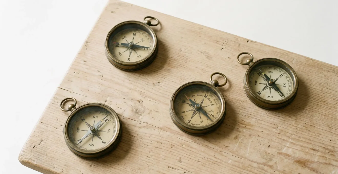 Quatre boussoles vintage en laiton disposées sur une surface en bois clair dans une composition asymétrique, éclairées par une lumière naturelle rasante créant des ombres graphiques