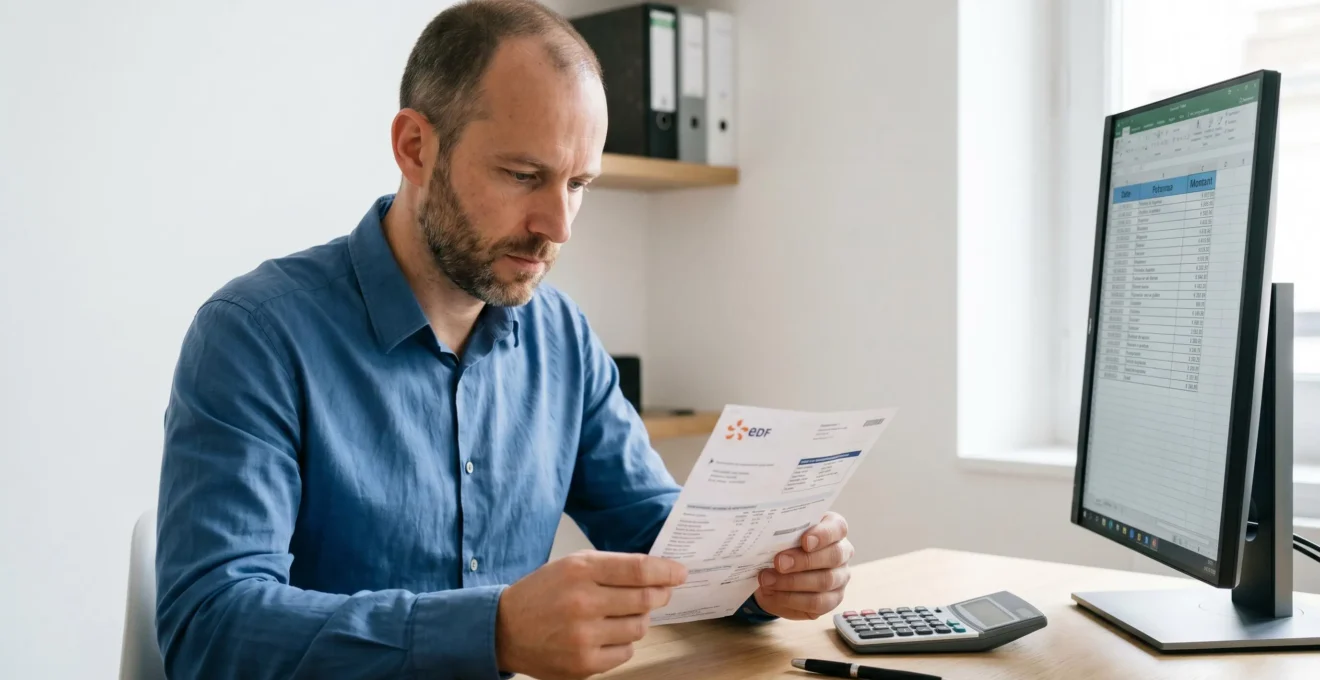 Responsable administratif PME français de 42 ans examinant attentivement une facture d'électricité détaillée à son bureau, avec calculatrice et écran affichant tableur budgétaire, environnement de travail sobre et contemporain