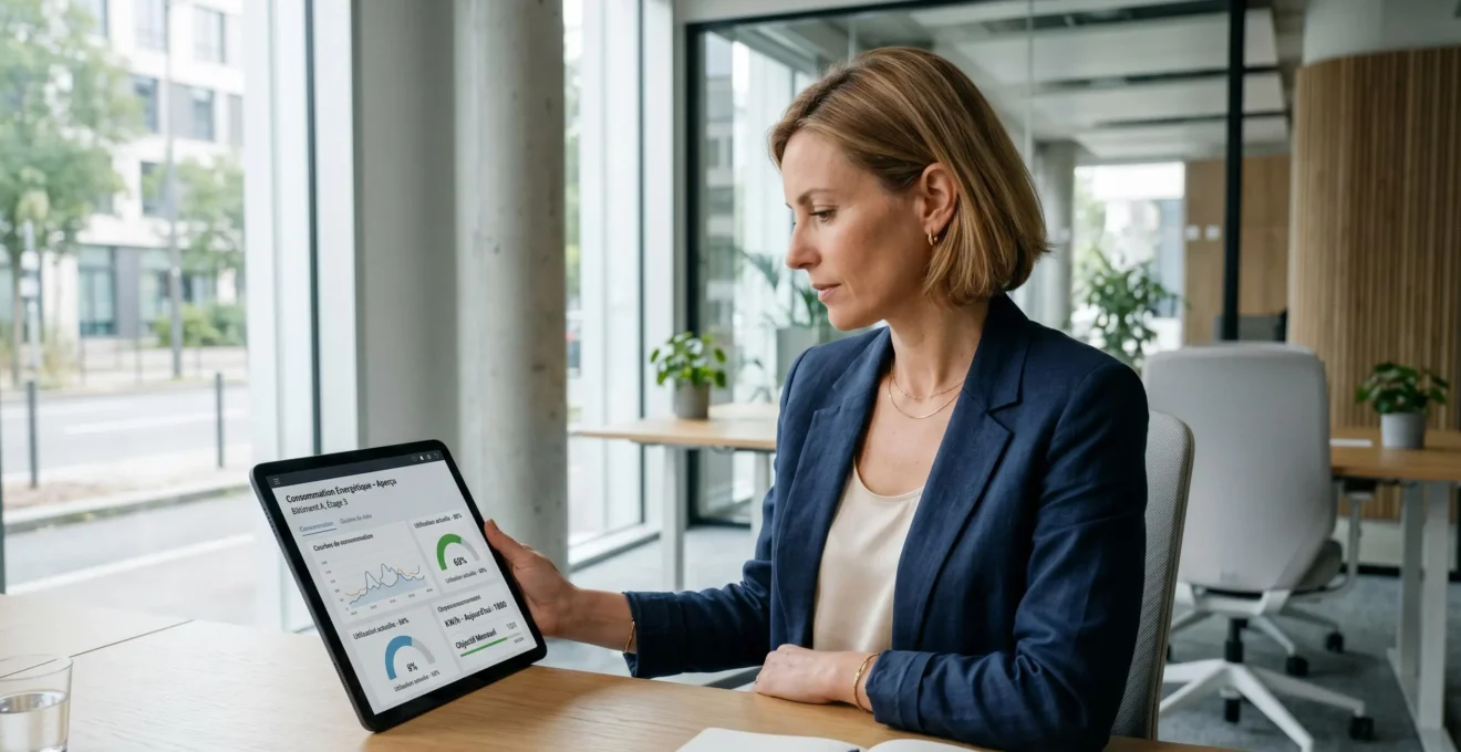 Responsable énergie consultant sur tablette un tableau de bord de monitoring énergétique générique affichant courbes de consommation et KPI, bureau contemporain français, lumière naturelle