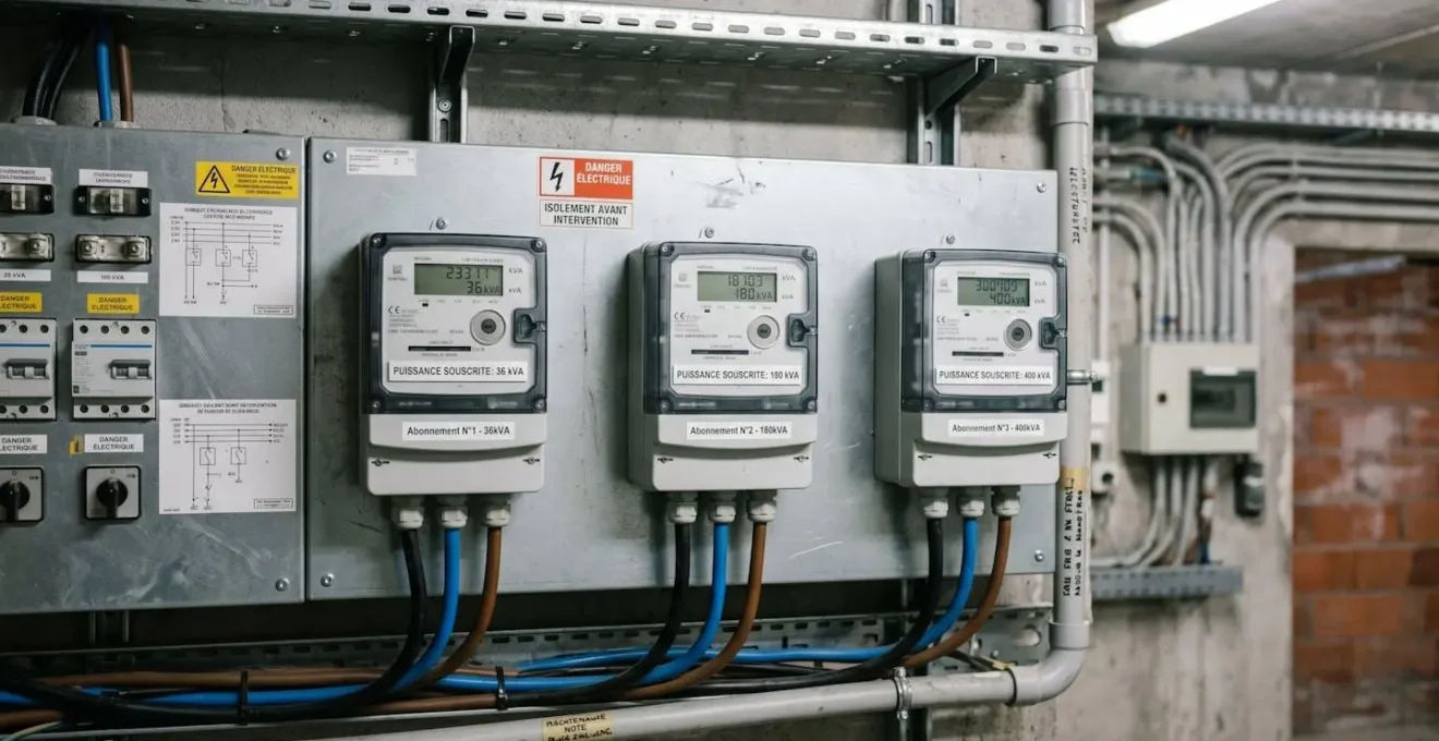 Tableau de distribution électrique avec trois compteurs de puissances différentes illustrant les seuils tarifaires de l'accise sur l'électricité en entreprise