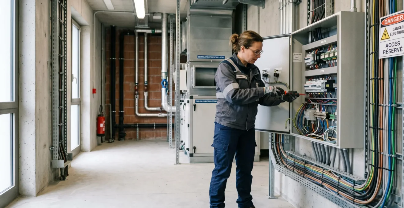 Technicien qualifié inspectant un tableau électrique ouvert dans le local technique d'un bâtiment tertiaire français, geste professionnel de contrôle, environnement industriel propre et organisé