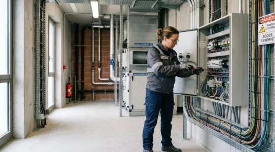 Technicien qualifié inspectant un tableau électrique ouvert dans le local technique d'un bâtiment tertiaire français, geste professionnel de contrôle, environnement industriel propre et organisé
