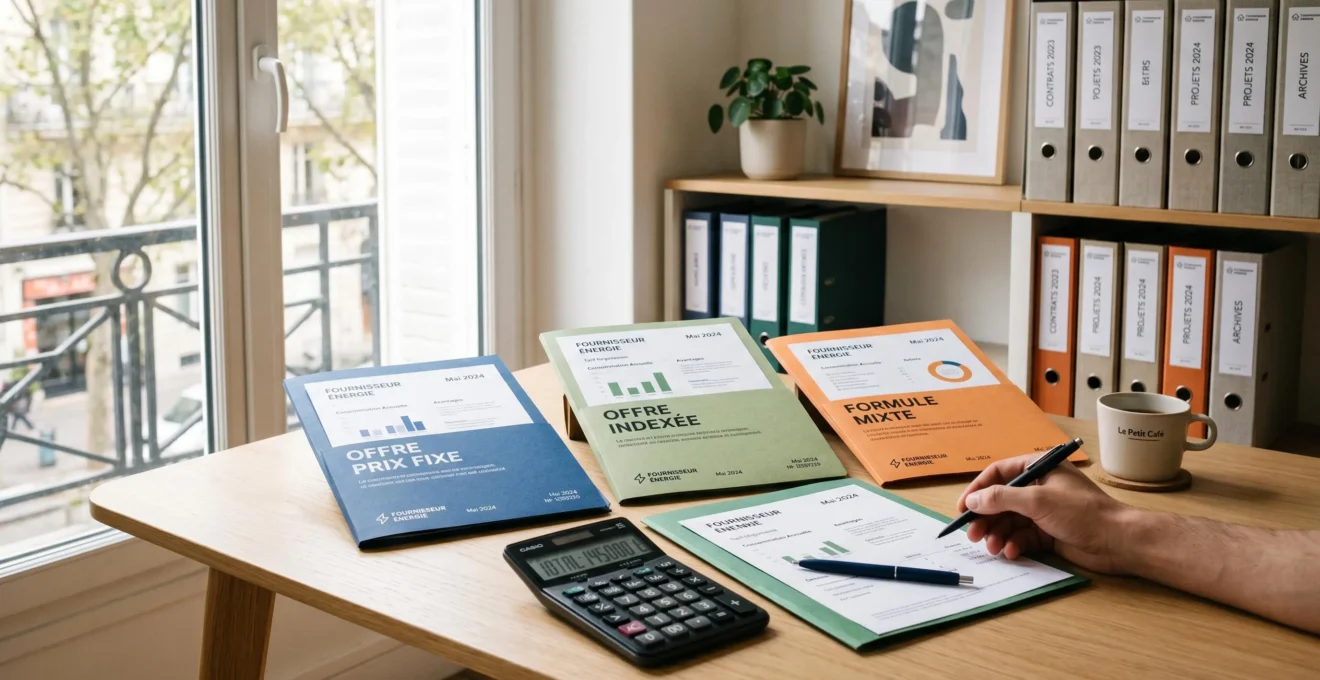 Trois dossiers de propositions commerciales de fournisseurs d'électricité (prix fixe, indexé, mixte) disposés sur un bureau avec calculatrice, illustrant l'arbitrage entre types d'offres