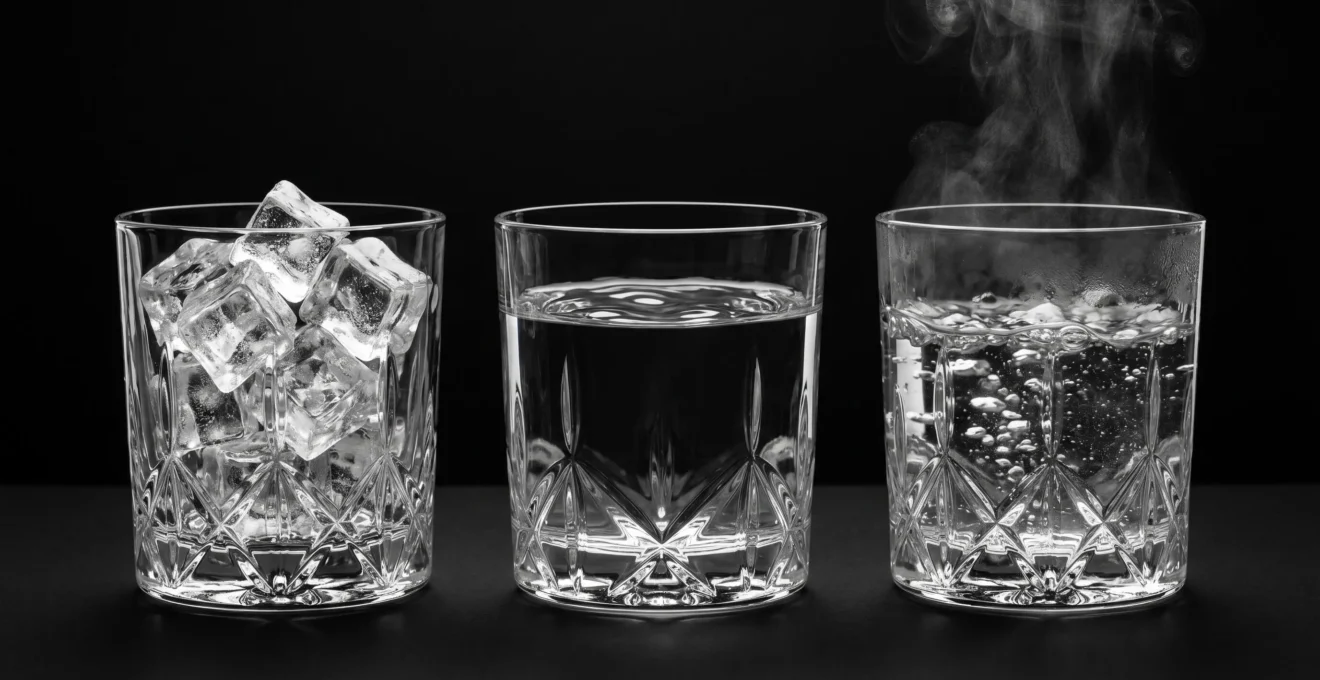 Trois verres en cristal alignés sur fond noir contenant glace cristalline, eau ondulante et eau bouillante avec vapeur, éclairés dramatiquement en clair-obscur