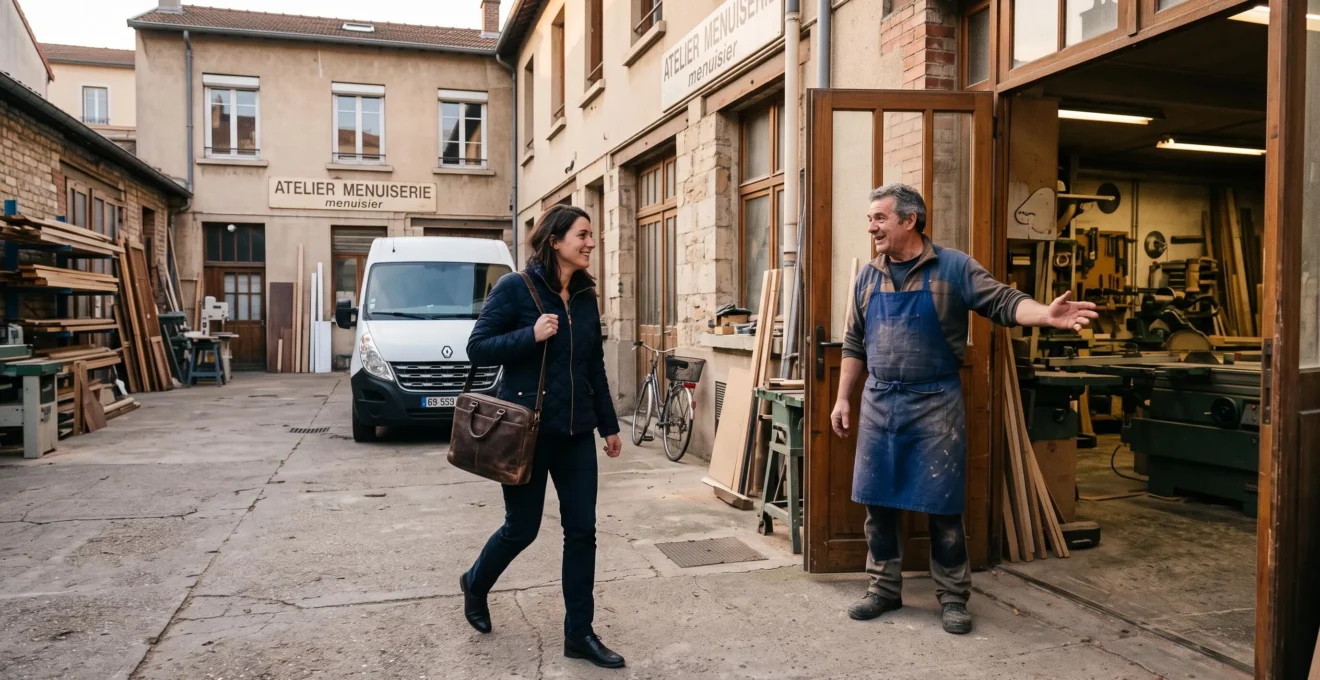 Une courtière en énergie échange avec un artisan devant son atelier dans une zone d'activité toulousaine