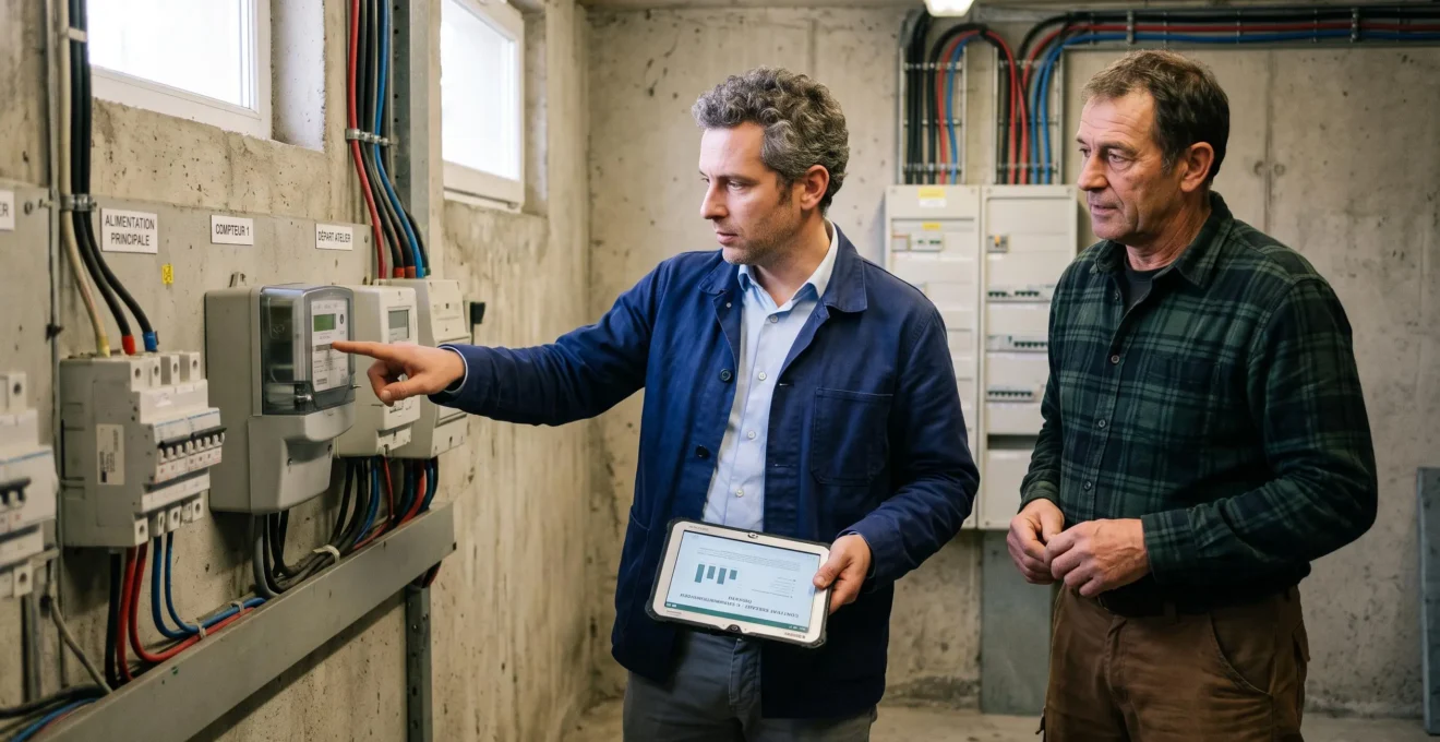 Un courtier en énergie lisant un compteur électrique industriel aux côtés d'un dirigeant dans le local technique d'une entreprise lyonnaise