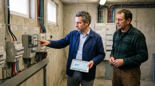Un courtier en énergie lisant un compteur électrique industriel aux côtés d'un dirigeant dans le local technique d'une entreprise lyonnaise
