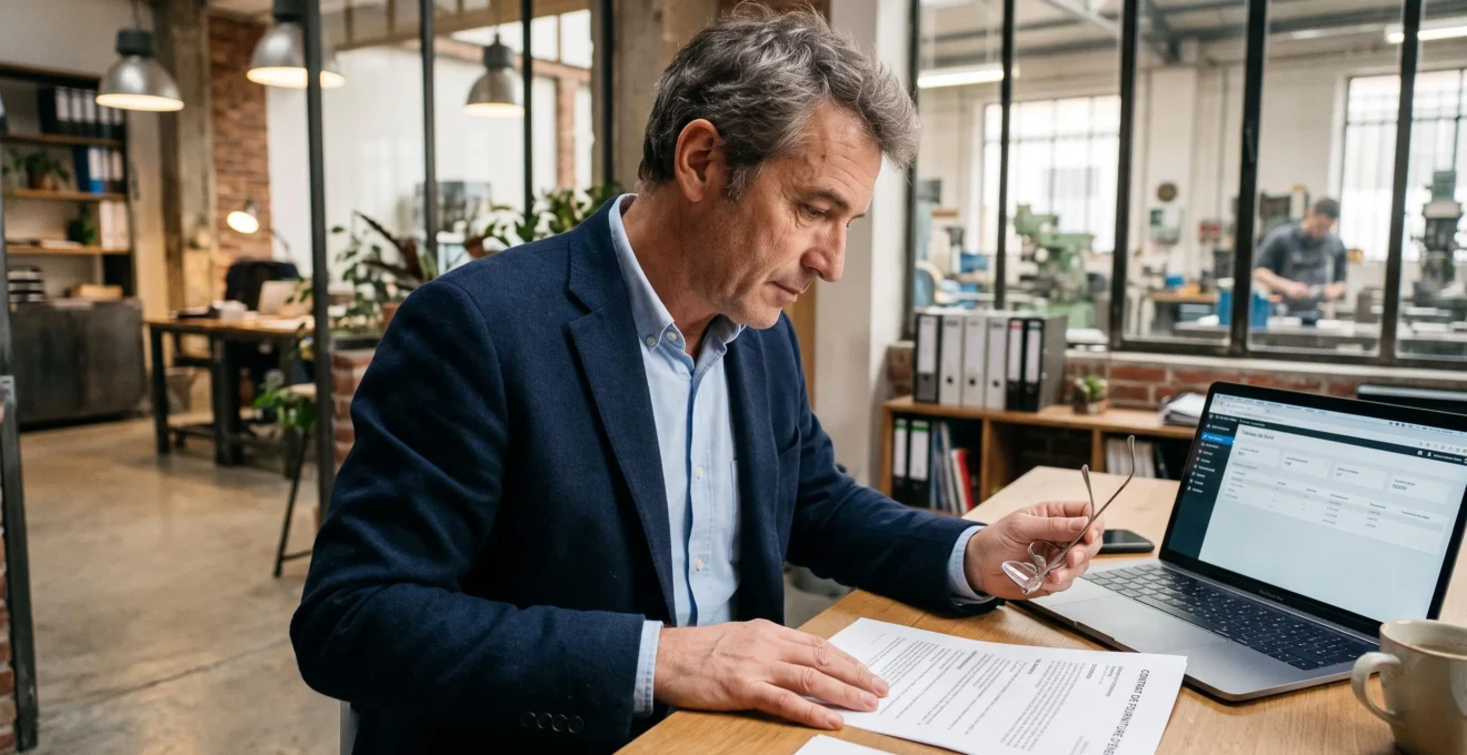 Un dirigeant d'entreprise relisant un contrat d'énergie à son bureau avant de le signer